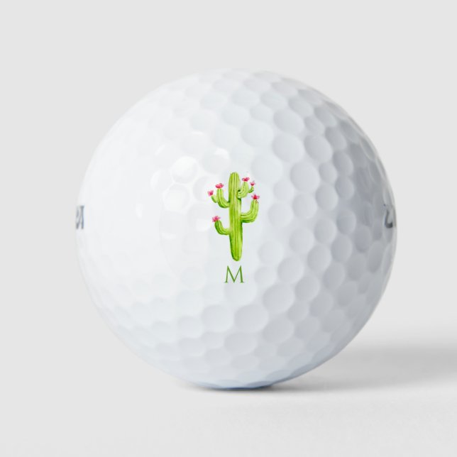 watercolor succulents monogram cactus green nature golf balls (Front)