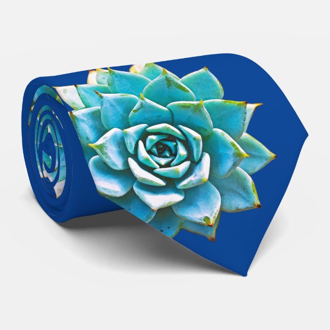 Watercolor Succulents on Blue Tie (Rolled)