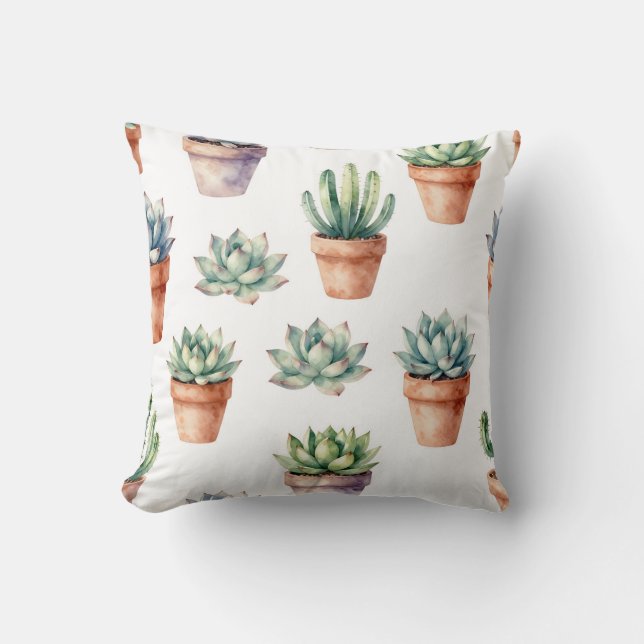 Watercolor Succulents Pattern Cushion (Front)