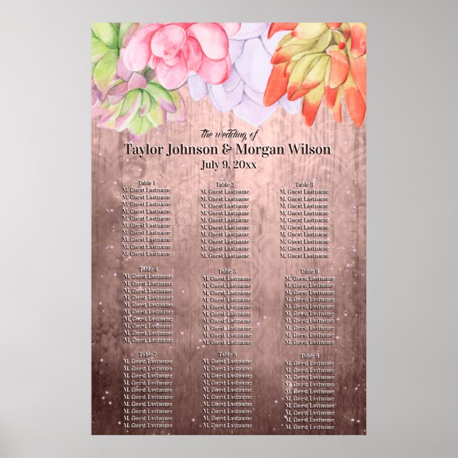 Watercolor Succulents Peach-brown Wedding Seating Poster (Front)