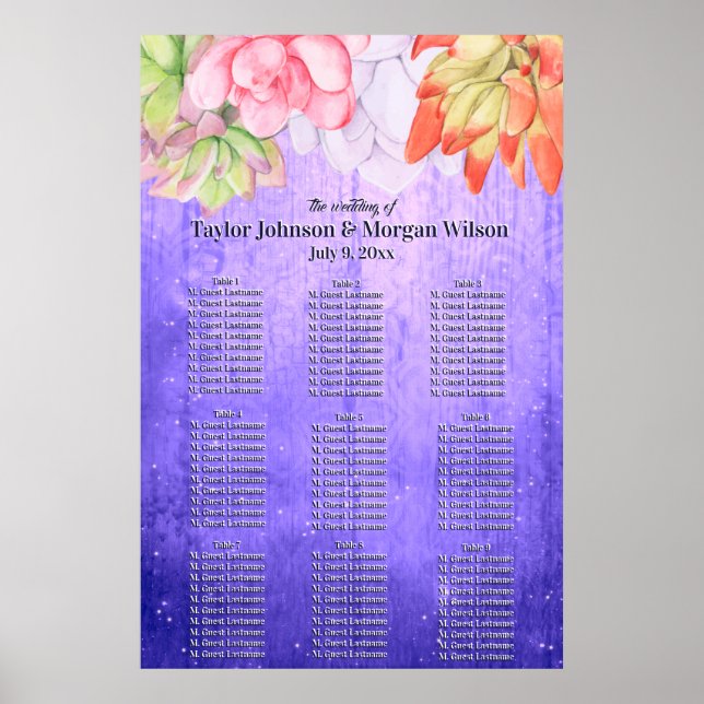 Watercolor Succulents Purple Wedding Seating Poster (Front)