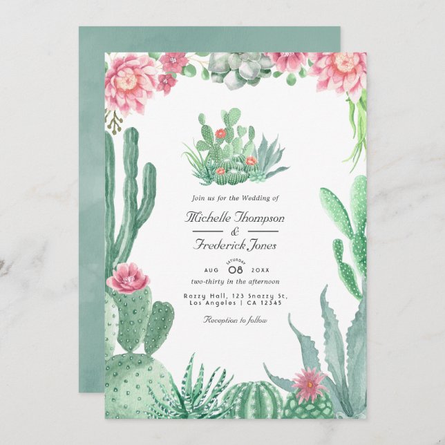 Watercolor Succulents QR Code RSVP Wedding Invitation (Front/Back)