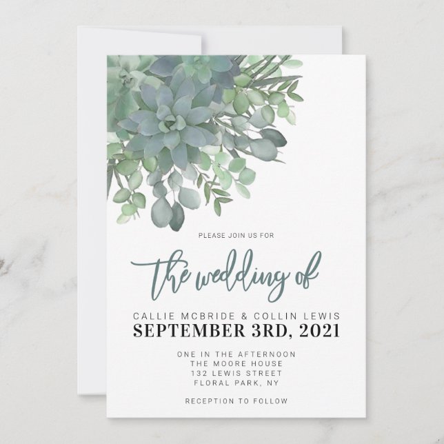 Watercolor Succulents Rustic Wedding Invitation (Front)