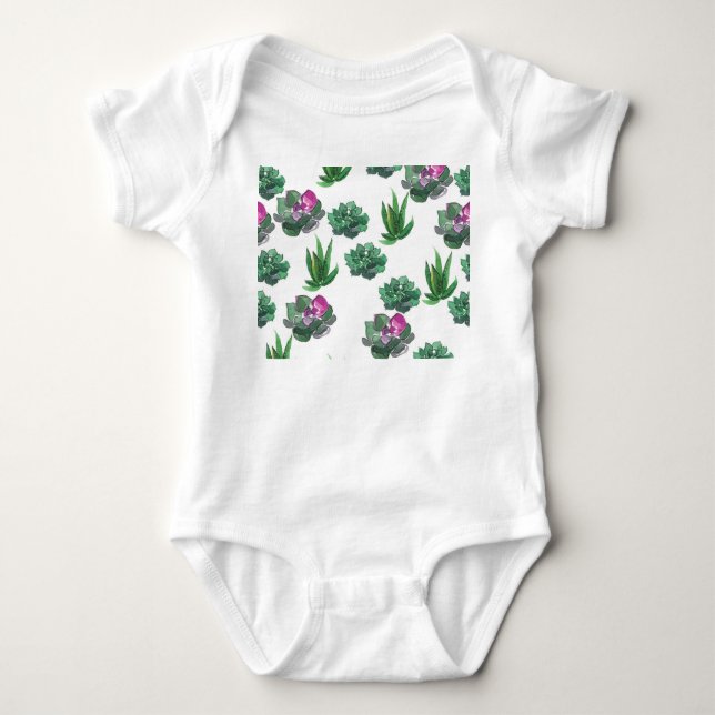 Watercolor Succulents Seamless Pattern Design Baby Bodysuit (Front)