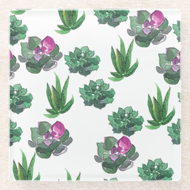 Watercolor Succulents Seamless Pattern Design Glass Coaster (Front)