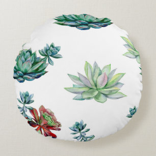 Watercolor succulents seamless pattern, echeveria round cushion