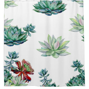 Watercolor succulents seamless pattern, echeveria shower curtain
