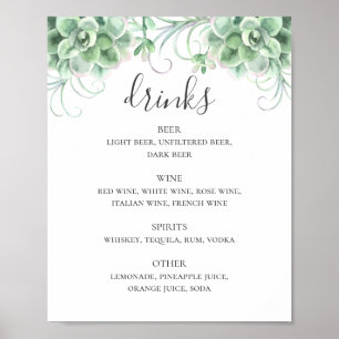 Watercolor succulents wedding alcohol drinks bar poster