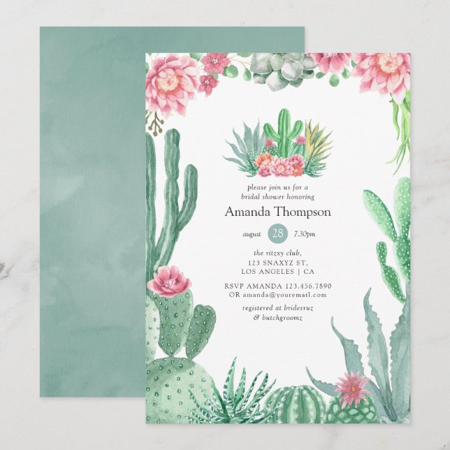 Watercolor Succulents Wedding Bridal Shower Invitation (Front/Back)