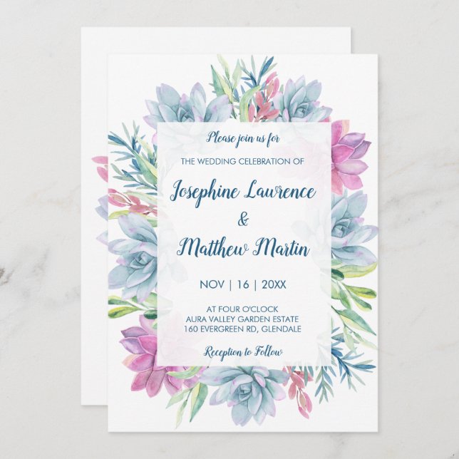 Watercolor Succulents Wedding Invitations (Front/Back)