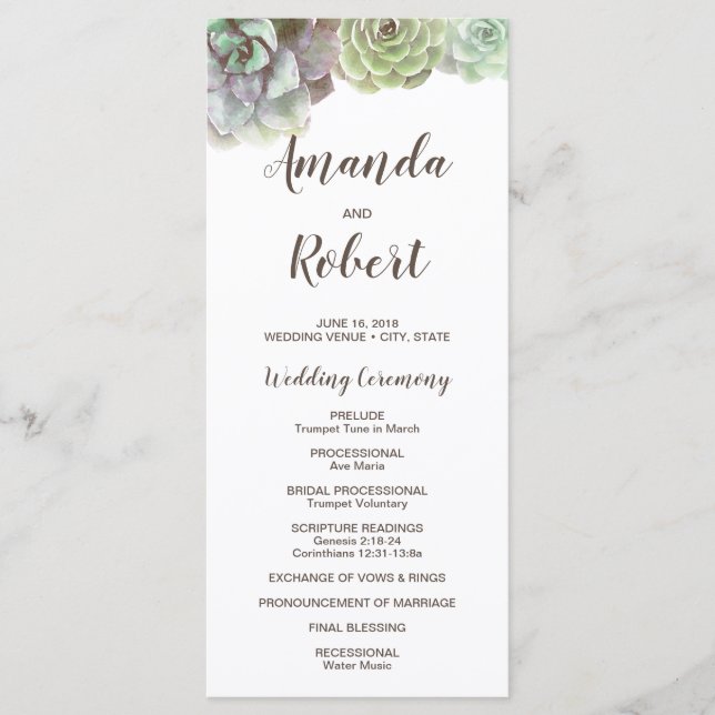 Watercolor Succulents | Wedding Program Programme (Front)