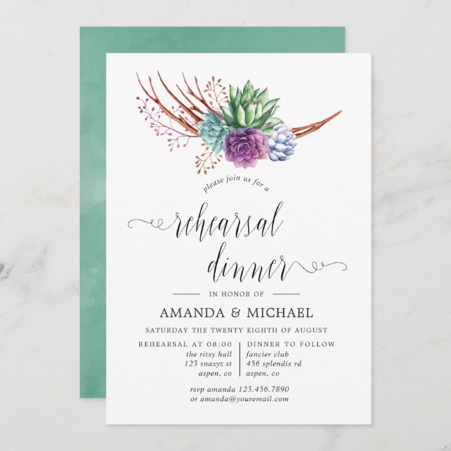 Watercolor Succulents Wedding Rehearsal Dinner Invitation (Front/Back)