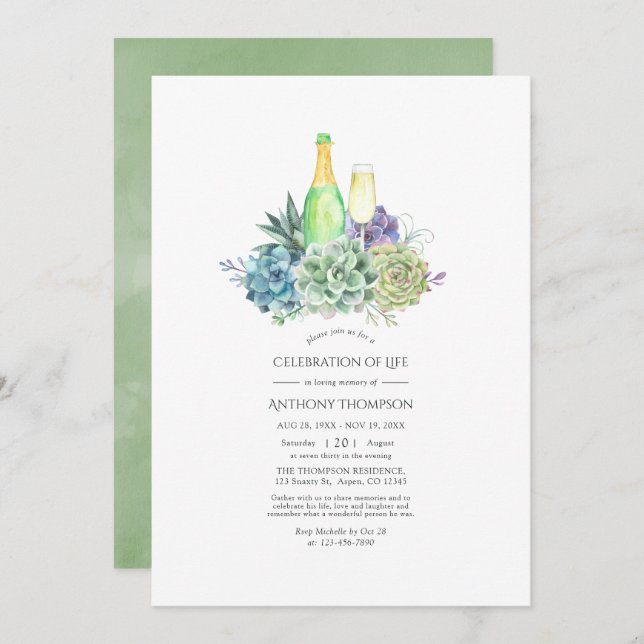 Watercolor Succulents Wine Celebration of Life Invitation (Front/Back)