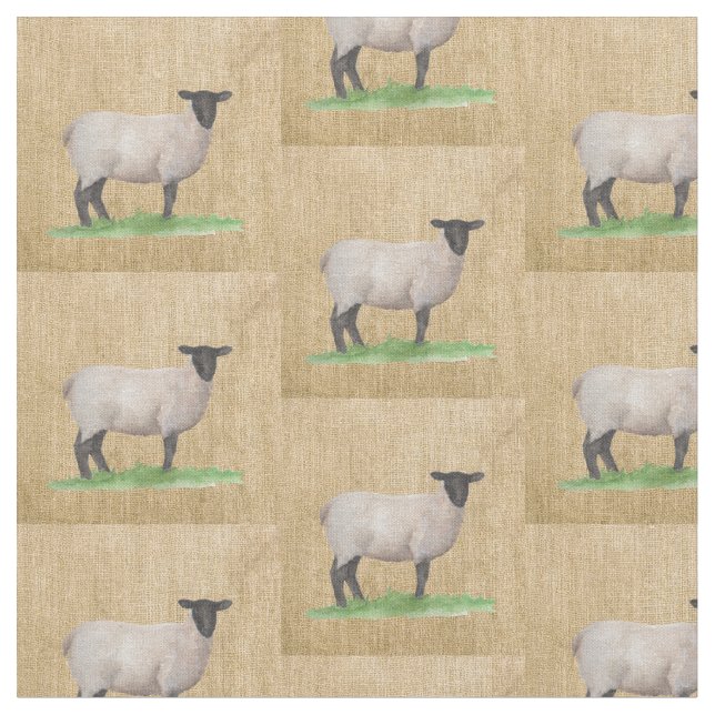 Watercolor Suffolk Sheep Fabric (Close Up)