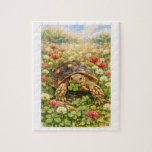 Watercolor Sulcata Tortoise with lucky clover Jigsaw Puzzle<br><div class="desc">Watercolor drawing with a Sulcata tortoise walking through the fields of red and white clover,  carrying a lucky four leaf clover. Perfect birthday or just because gift for turtle lovers.</div>