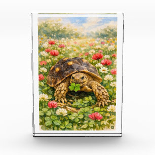 Watercolor Sulcata Tortoise with lucky clover Photo Block