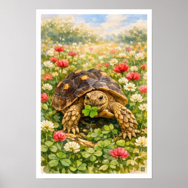 Watercolor Sulcata Tortoise with lucky clover Poster (Front)