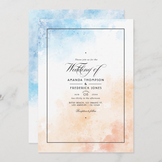 Watercolor Summer Beach Wedding Invitation (Front/Back)