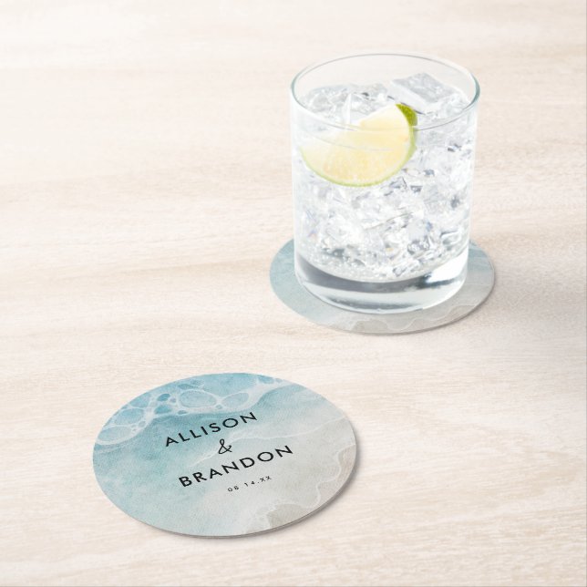 Watercolor Summer Beach Wedding  Round Paper Coaster (Insitu)