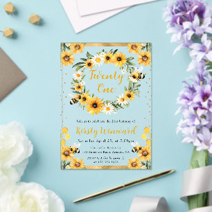 Watercolor Summer Bee and Sunflowers 21st Birthday Acrylic Invitations