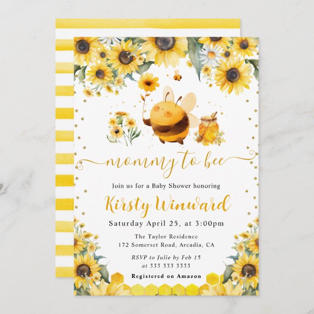 Watercolor Summer Bee and Sunflowers Baby Shower Invitation (Front/Back)