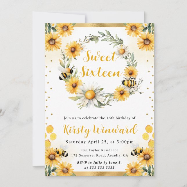 Watercolor Summer Bee and Sunflowers Sweet 16 Invitation (Front)