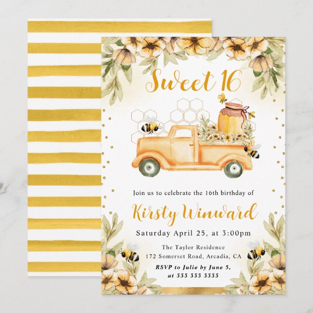 Watercolor Summer Bee Truck & Sunflowers Sweet 16 Invitation (Front/Back)