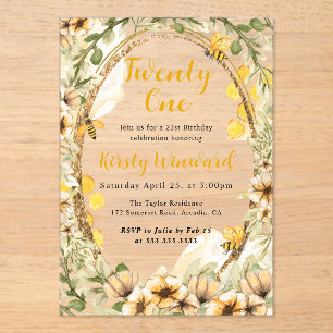 Watercolor Summer Bees and Flowers 21st Birthday Acrylic Invitations