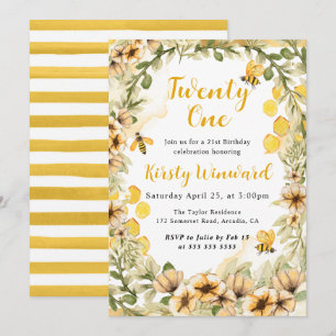Watercolor Summer Bees and Flowers 21st Birthday Invitation