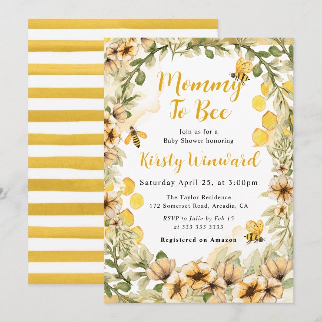Watercolor Summer Bees and Flowers Baby Shower Invitation (Front/Back)