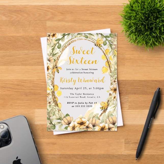 Watercolor Summer Bees and Flowers Sweet Sixteen Acrylic Invitations (Insitu (Invitation Card))