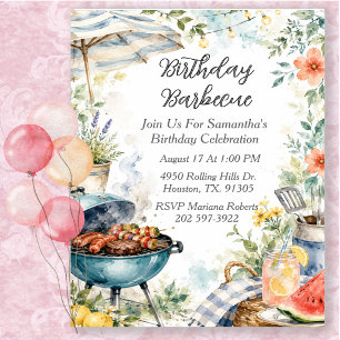 Watercolor Summer Birthday Barbecue Party  Invitation