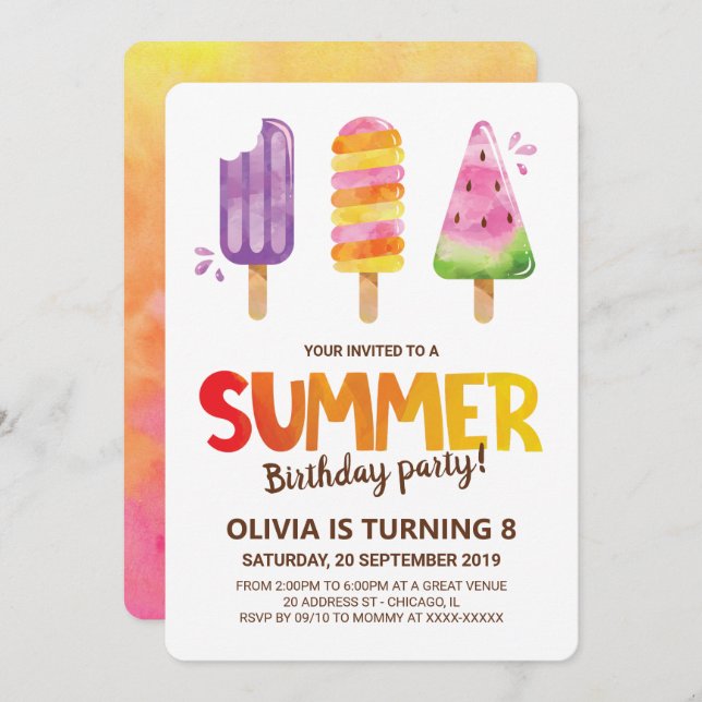 Watercolor Summer Birthday Party Invitation (Front/Back)