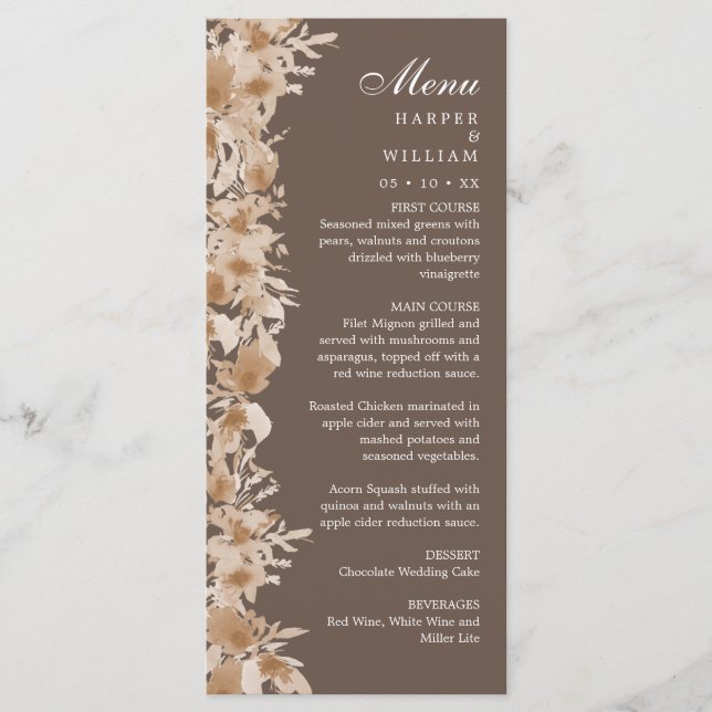 Watercolor summer boho wildflower wedding menu (Front)