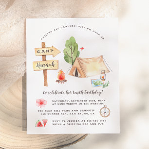Watercolor Summer Camping Girls Birthday Party Invitation Postcard