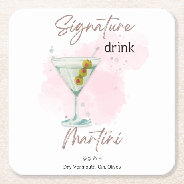 Watercolor Summer cocktail Square Paper Coaster (Front)