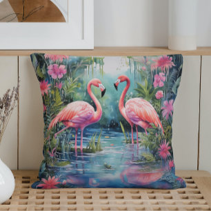 Watercolor Summer Flamingos Cushion