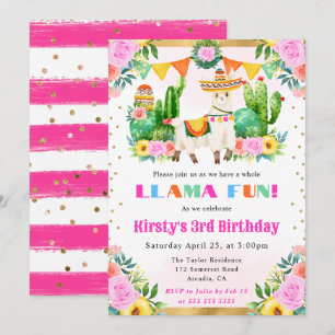 Watercolor Summer Floral Llama Kids Birthday Invitation