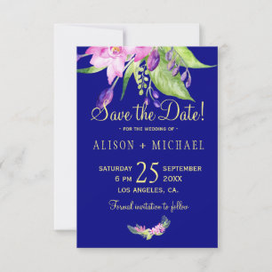 Watercolor summer floral plum navy wedding save the date