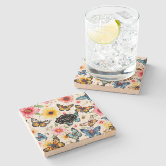 Watercolor summer flowers butterflies monogrammed stone coaster