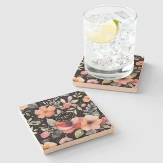 Watercolor summer flowers pattern monogrammed stone coaster