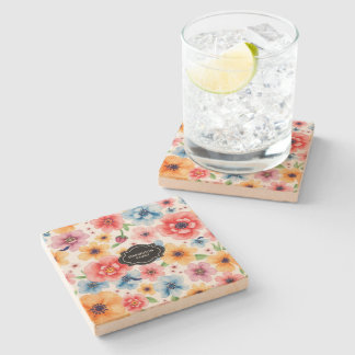 Watercolor summer flowers pattern monogrammed stone coaster