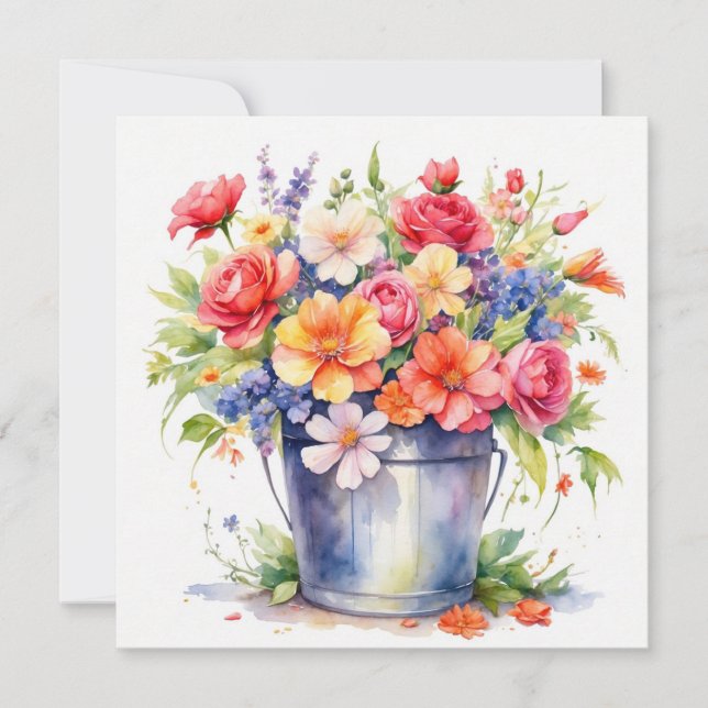 Watercolor Summer Garden Flowers in a Bucket  Card (Front)