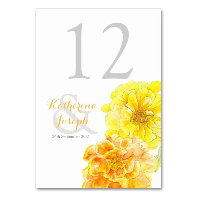 Watercolor summer marigolds wedding table number (Front)