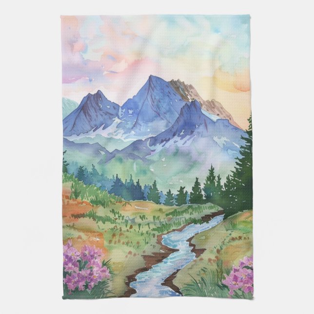 Watercolor Summer Mountain Tea Towel (Vertical)