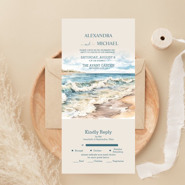 Watercolor Summer Ocean Beach Wedding All In One Invitation (Creator Uploaded)