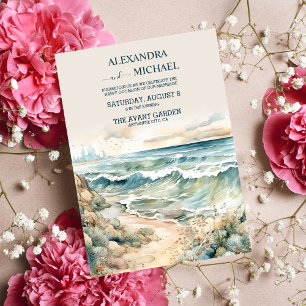 Watercolor Summer Ocean Beach Wedding Invitation