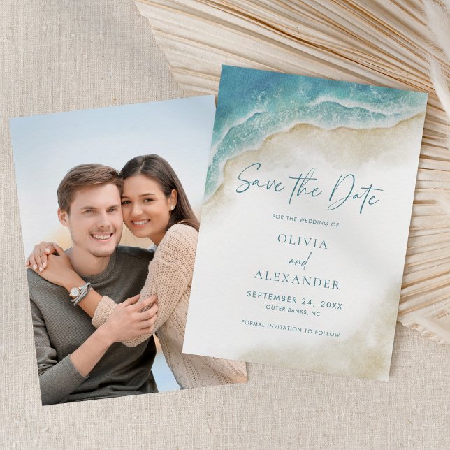 Watercolor Summer Ocean Beach Wedding Photo Save The Date (Creator Uploaded)