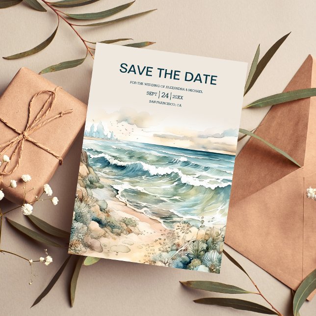 Watercolor Summer Ocean Beach Wedding Save The Date (Creator Uploaded)