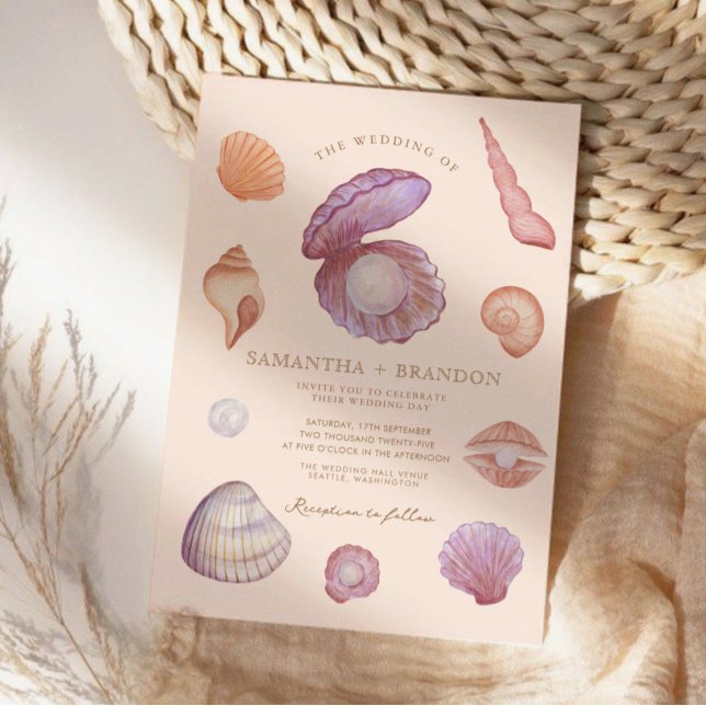 Watercolor summer Ocean Seashell pearl Wedding Invitation (Creator Uploaded)